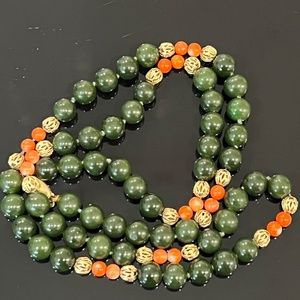 Vintage Gold Clasp & Filigree Balls 14K Green Jade Red  Coral Bead Necklace